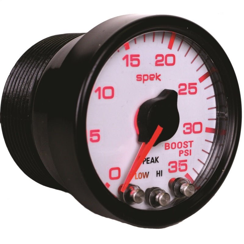 AutoMeter - Autometer Spek-Pro Gauge Boost 2 1/16in 35psi Stepper Motor W/Peak & Warn White/Black - Demon Performance