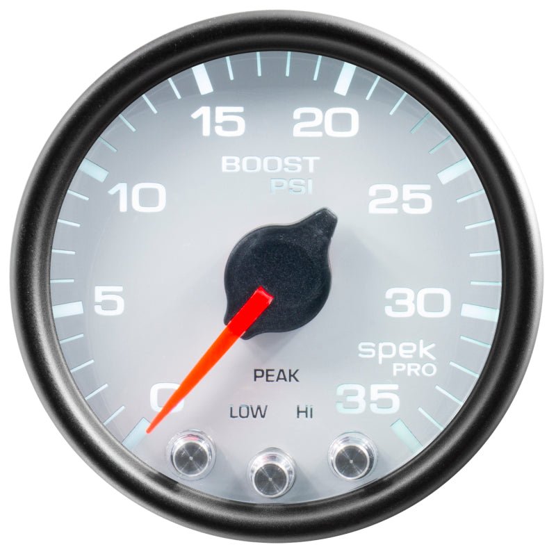 AutoMeter - Autometer Spek-Pro Gauge Boost 2 1/16in 35psi Stepper Motor W/Peak & Warn White/Black - Demon Performance