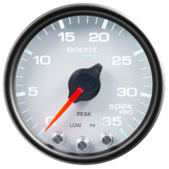 AutoMeter - Autometer Spek-Pro Gauge Boost 2 1/16in 35psi Stepper Motor W/Peak & Warn White/Black - Demon Performance