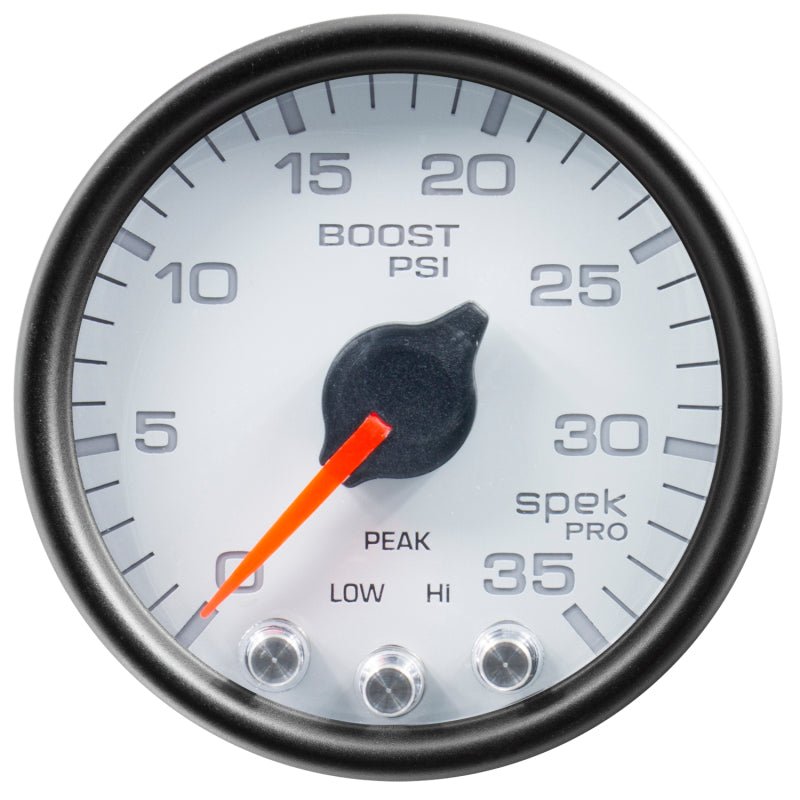 AutoMeter - Autometer Spek-Pro Gauge Boost 2 1/16in 35psi Stepper Motor W/Peak & Warn White/Black - Demon Performance