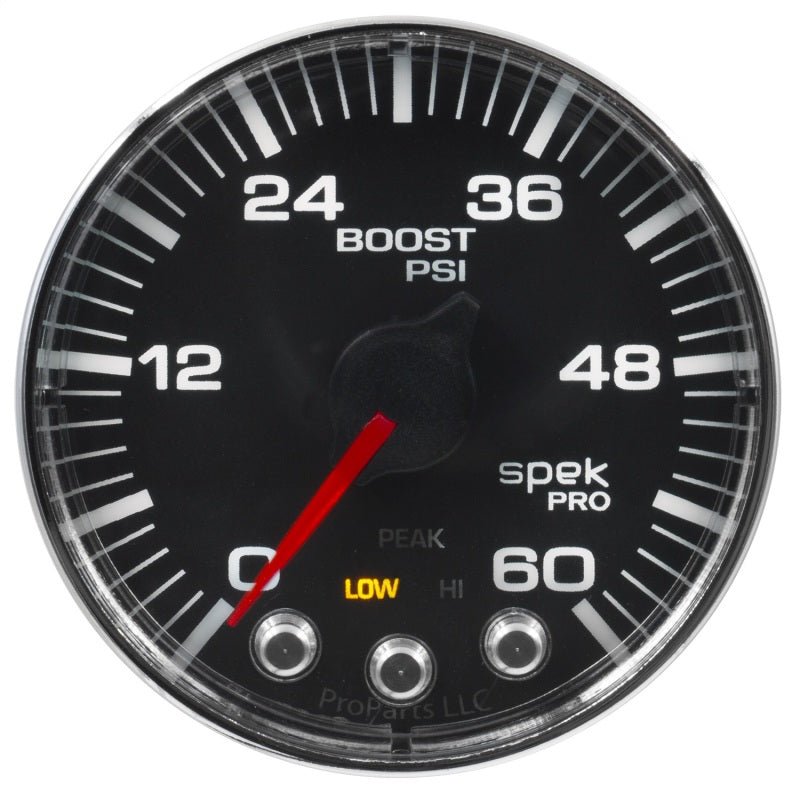 AutoMeter - Autometer Spek-Pro Gauge Boost 2 1/16in 60psi Stepper Motor W/Peak & Warn Blk/Chrm - Demon Performance