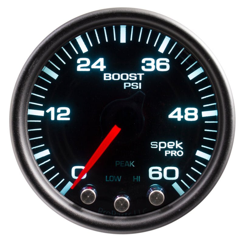 AutoMeter - Autometer Spek-Pro Gauge Boost 2 1/16in 60psi Stepper Motor W/Peak & Warn Blk/Smoke/Black - Demon Performance