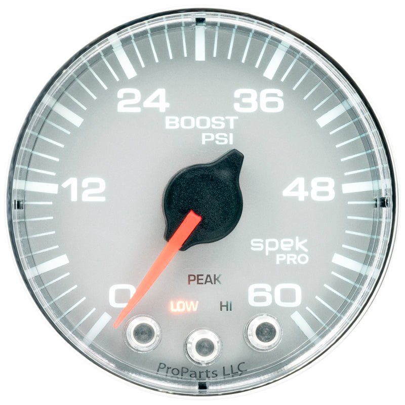 AutoMeter - Autometer Spek-Pro Gauge Boost 2 1/16in 60psi Stepper Motor W/Peak & Warn Slvr/Chrm - Demon Performance