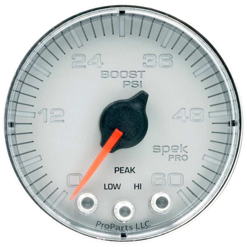 AutoMeter - Autometer Spek-Pro Gauge Boost 2 1/16in 60psi Stepper Motor W/Peak & Warn Slvr/Chrm - Demon Performance