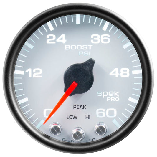 AutoMeter - Autometer Spek-Pro Gauge Boost 2 1/16in 60psi Stepper Motor W/Peak & Warn Wht/Blk - Demon Performance