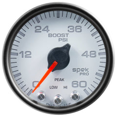 AutoMeter - Autometer Spek-Pro Gauge Boost 2 1/16in 60psi Stepper Motor W/Peak & Warn Wht/Blk - Demon Performance