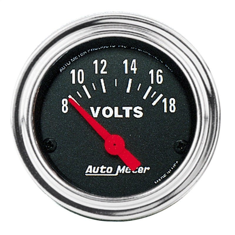 AutoMeter - Autometer Traditional Chrome 52mm 8-18 Volts Short Sweep Electricall Voltmeter - Demon Performance