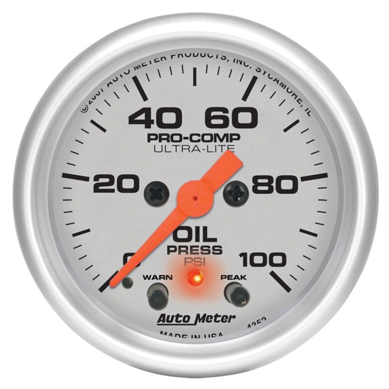 AutoMeter - Autometer Ultra-Lite 52mm 0-100 PSI F/S Electronic Oil Pressure w/ Peak Memory & Warning Gauge - Demon Performance