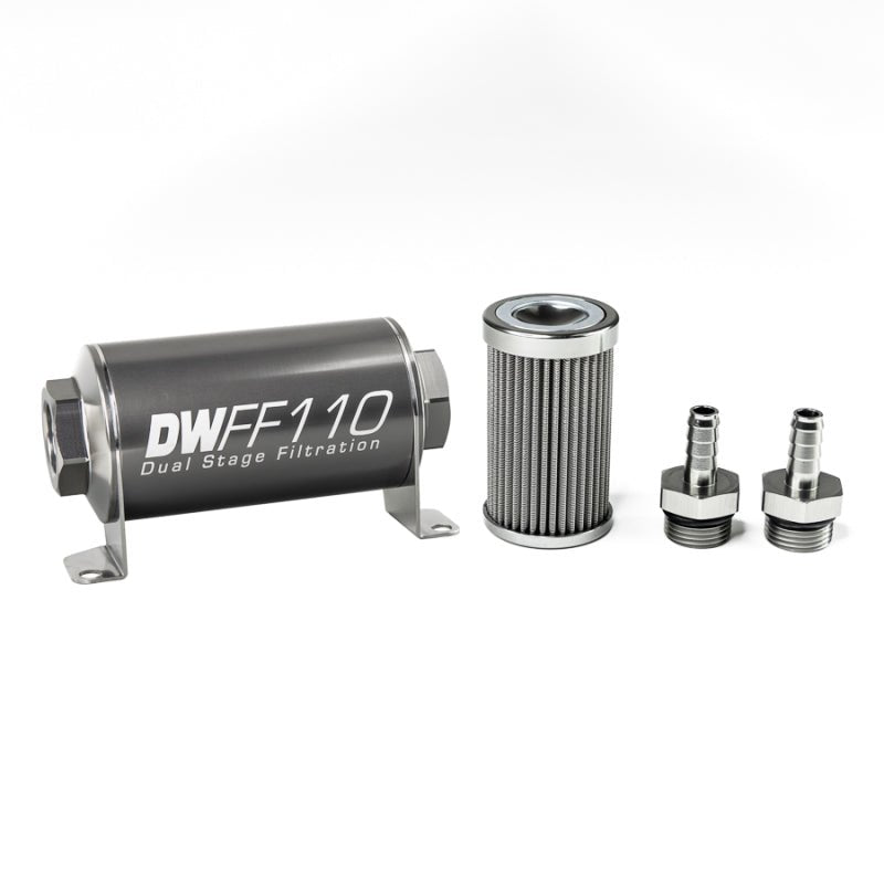 DeatschWerks - DeatschWerks Stainless Steel 3/8in 100 Micron Universal Inline Fuel Filter Housing Kit (110mm) - Demon Performance