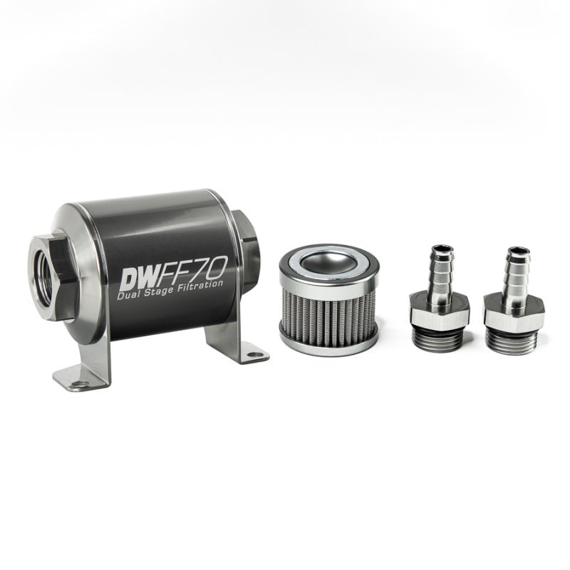 DeatschWerks - DeatschWerks Stainless Steel 3/8in 100 Micron Universal Inline Fuel Filter Housing Kit (70mm) - Demon Performance