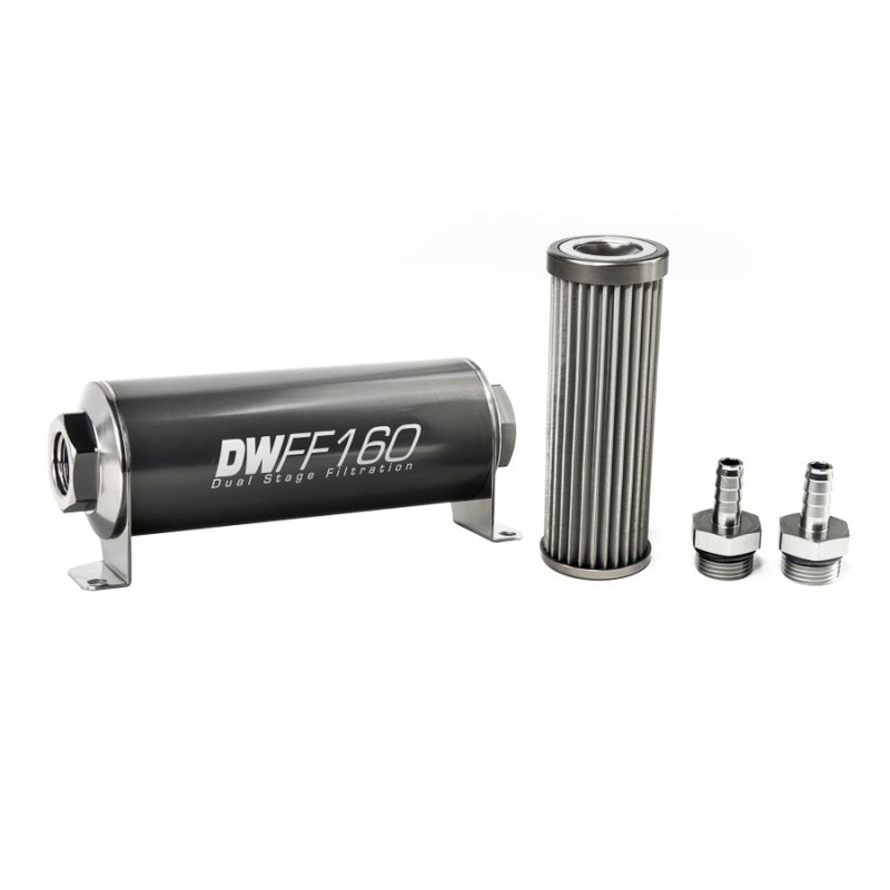 DeatschWerks - DeatschWerks Stainless Steel 3/8in 40 Micron Universal Inline Fuel Filter Housing Kit (160mm) - Demon Performance