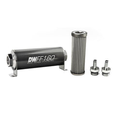 DeatschWerks - DeatschWerks Stainless Steel 3/8in 40 Micron Universal Inline Fuel Filter Housing Kit (160mm) - Demon Performance