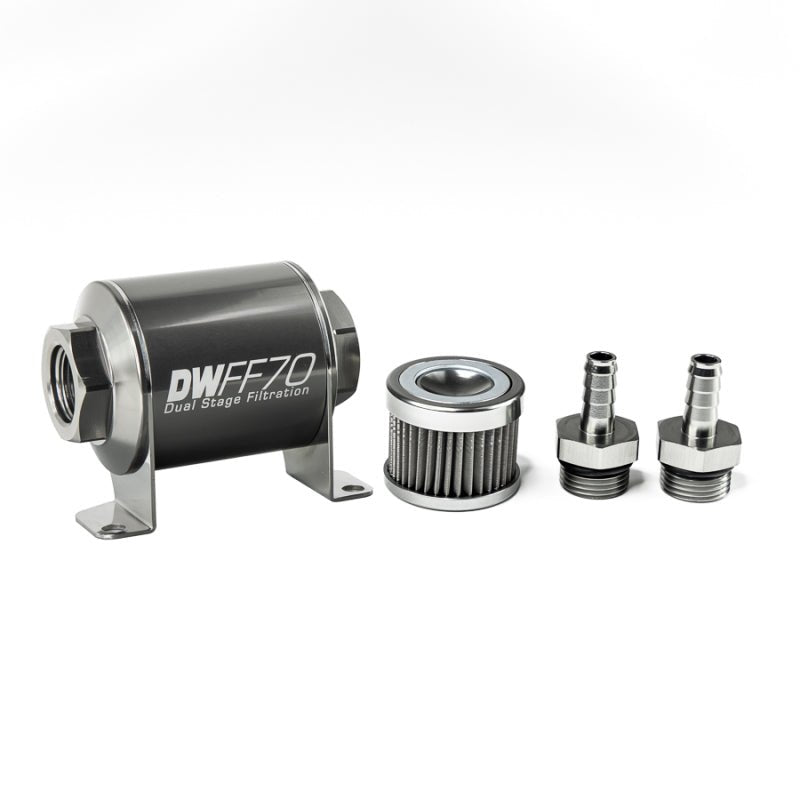 DeatschWerks - DeatschWerks Stainless Steel 3/8in 40 Micron Universal Inline Fuel Filter Housing Kit (70mm) - Demon Performance