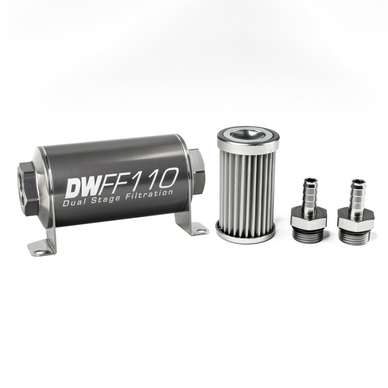 DeatschWerks - DeatschWerks Stainless Steel 3/8in 5 Micron Universal Inline Fuel Filter Housing Kit (110mm) - Demon Performance