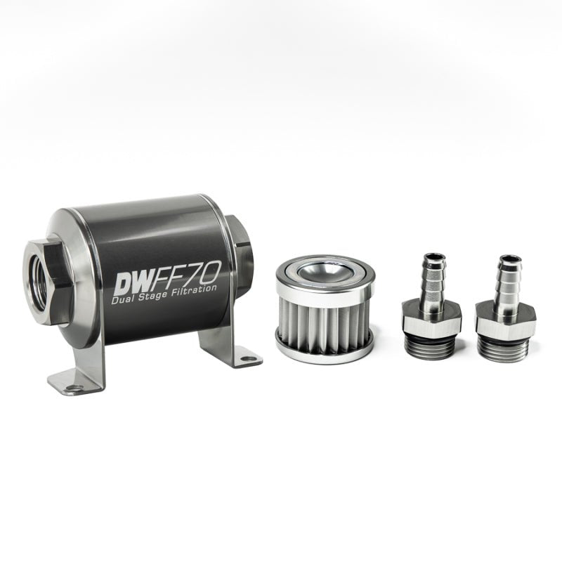 DeatschWerks - DeatschWerks Stainless Steel 3/8in 5 Micron Universal Inline Fuel Filter Housing Kit (70mm) - Demon Performance