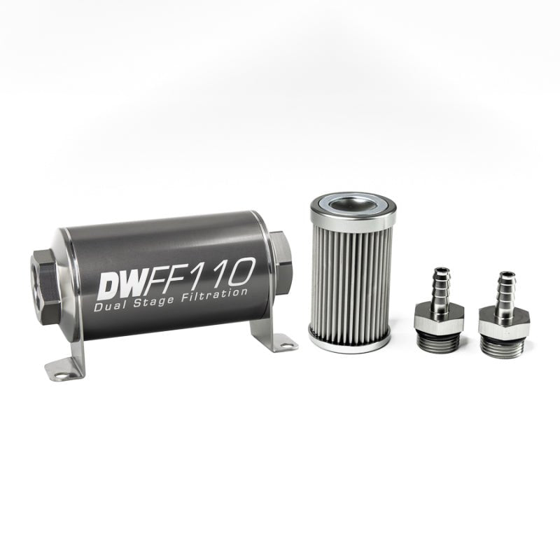 DeatschWerks - DeatschWerks Stainless Steel 5/16in 10 Micron Universal Inline Fuel Filter Housing Kit (110mm) - Demon Performance