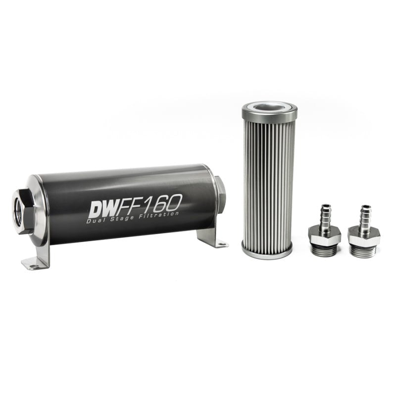 DeatschWerks - DeatschWerks Stainless Steel 5/16in 10 Micron Universal Inline Fuel Filter Housing Kit (160mm) - Demon Performance