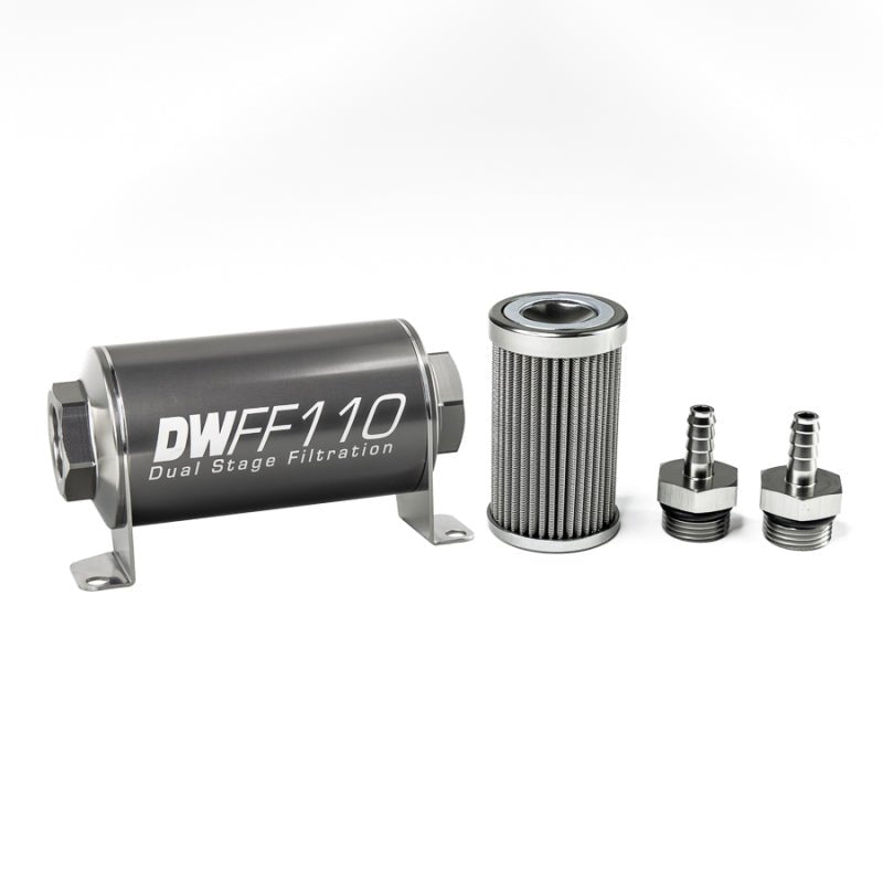 DeatschWerks - DeatschWerks Stainless Steel 5/16in 100 Micron Universal Inline Fuel Filter Housing Kit (110mm) - Demon Performance