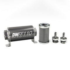 DeatschWerks - DeatschWerks Stainless Steel 5/16in 100 Micron Universal Inline Fuel Filter Housing Kit (110mm) - Demon Performance