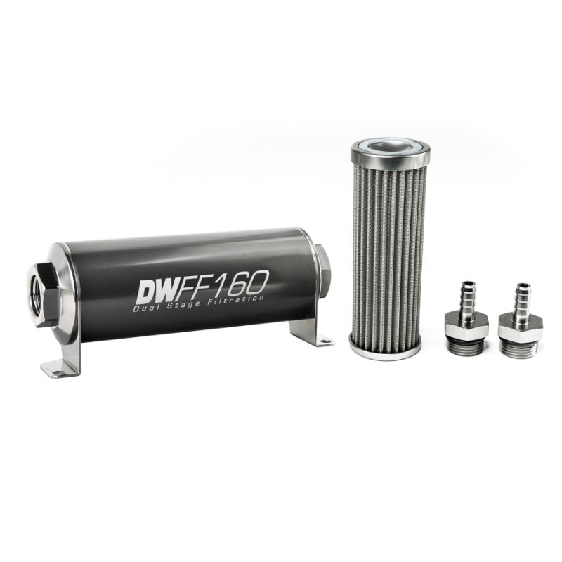 DeatschWerks - DeatschWerks Stainless Steel 5/16in 100 Micron Universal Inline Fuel Filter Housing Kit (160mm) - Demon Performance