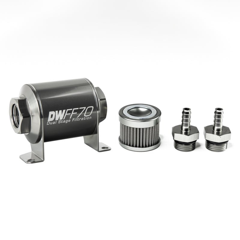 DeatschWerks - DeatschWerks Stainless Steel 5/16in 100 Micron Universal Inline Fuel Filter Housing Kit (70mm) - Demon Performance