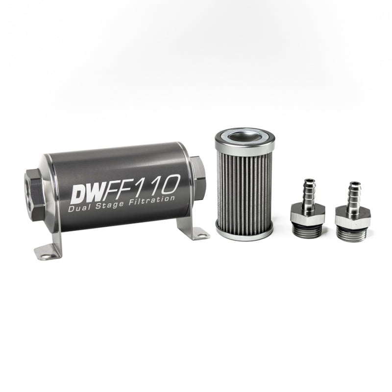 DeatschWerks - DeatschWerks Stainless Steel 5/16in 40 Micron Universal Inline Fuel Filter Housing Kit (110mm) - Demon Performance