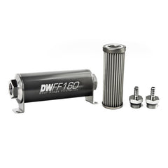 DeatschWerks - DeatschWerks Stainless Steel 5/16in 40 Micron Universal Inline Fuel Filter Housing Kit (160mm) - Demon Performance