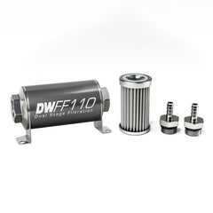 DeatschWerks - DeatschWerks Stainless Steel 5/16in 5 Micron Universal Inline Fuel Filter Housing Kit (110mm) - Demon Performance
