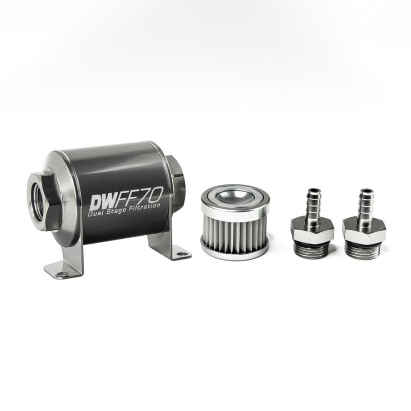DeatschWerks - DeatschWerks Stainless Steel 5/16in 5 Micron Universal Inline Fuel Filter Housing Kit (70mm) - Demon Performance