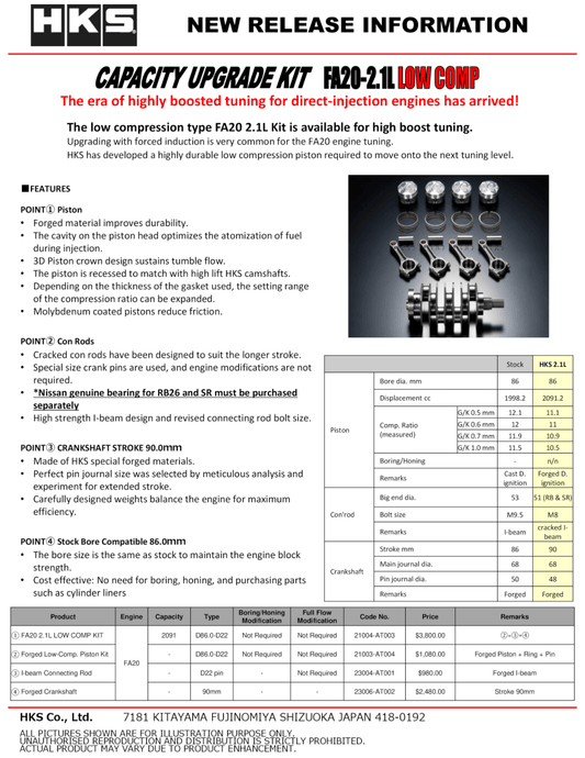 HKS - HKS PISTON KIT FA20 2.1L LOW COMP - Demon Performance