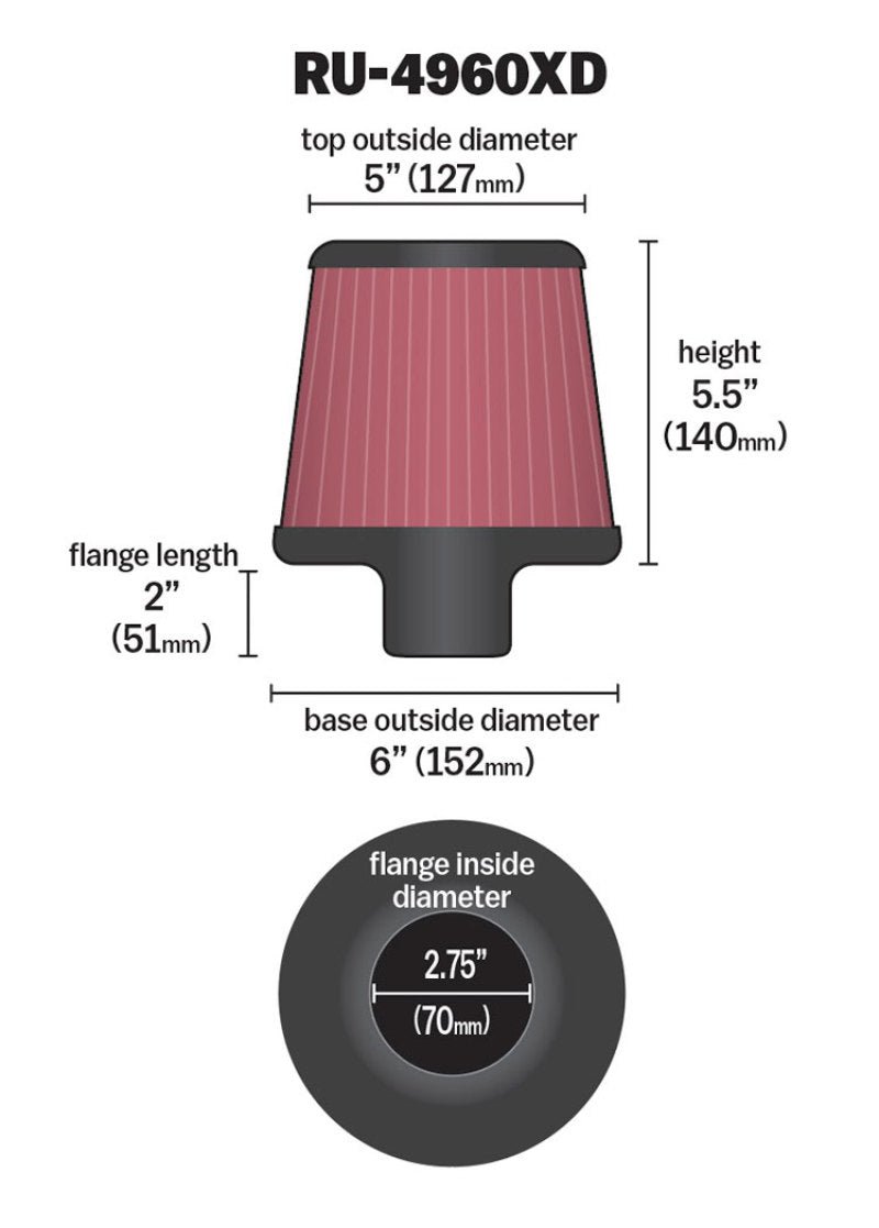 K&N Engineering - K&N Filter Universal Clamp - On Filter - Round Tapered 2.75in Flange ID x 6in Base OD x 5in Top OD - Demon Performance