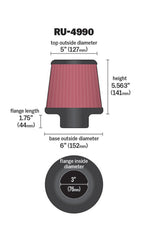 K&N Engineering - K&N Filter Universal Rubber Filter - Rd Tapered 3in Flange ID x 6in Base OD x 5in Top OD x 5.563in H - Demon Performance
