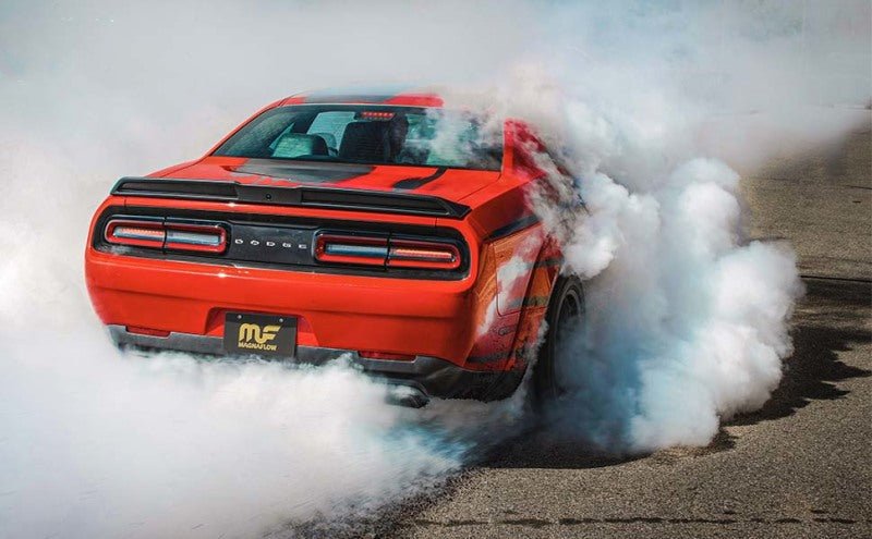 Magnaflow - MagnaFlow Axle-Back, SS, 3in, Quad Split Rear 3.5 Tips 2015 Dodge Challenger incl SRT Hellcat - Demon Performance