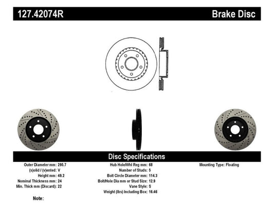 Stoptech - StopTech 1/02 - 05 Infiniti G35 (alloy disc) / 6/02 - 05 Nissan 350Z Slotted & Drilled Right Front Rotor - Demon Performance