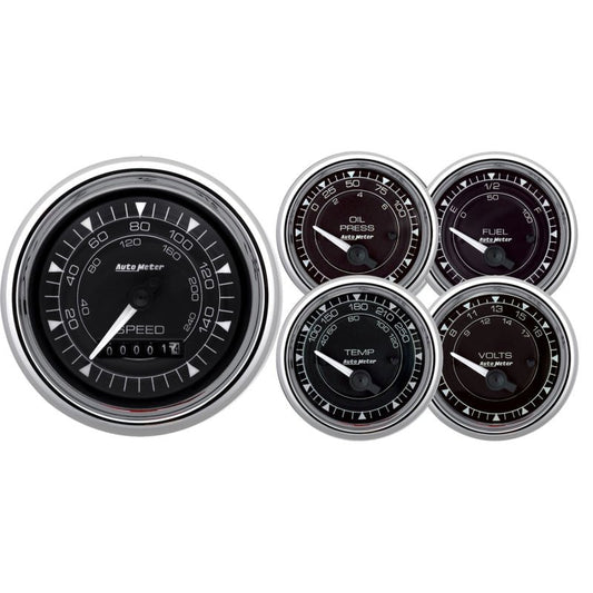 AutoMeter - AutoMeter Chrono 3-3/8in &amp; 2-1/16in Gauge Kit (5pc) w/Electric Speedometer - Chrome - Demon Performance