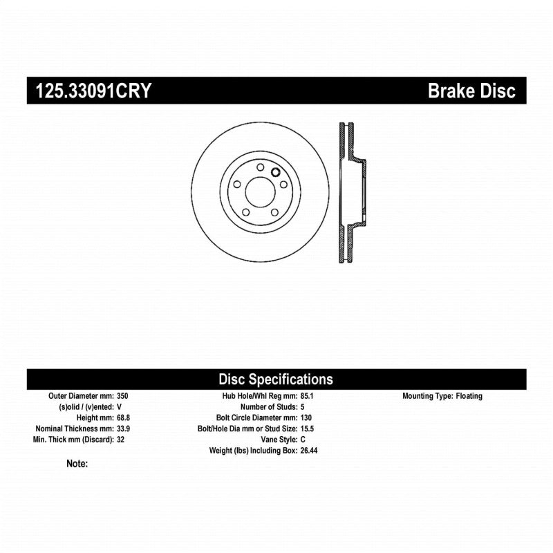 Stoptech - Centric Premium 03-18 Porsche Cayenne Front Right CRYO-STOP Rotor - Demon Performance