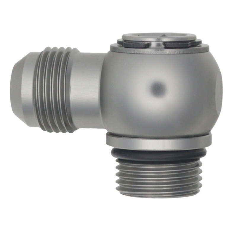 DeatschWerks - DeatschWerks 10AN ORB Male to 10AN Male Flare Low Profile 90-Degree Swivel - Anodized DW Titanium - Demon Performance