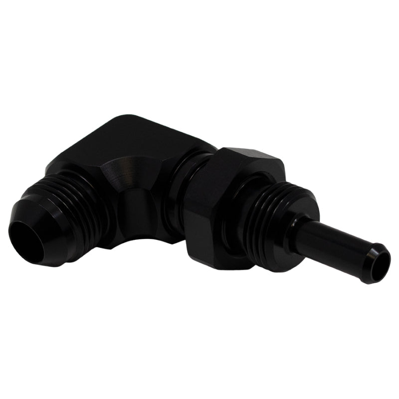 DeatschWerks - DeatschWerks 8AN Male Flare to 5/16in Male Barb Bulkhead Adapter 90-Degree - Anodized Matte Black - Demon Performance
