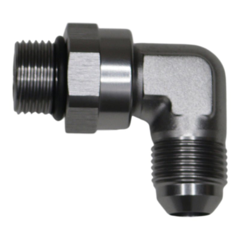 DeatschWerks - DeatschWerks 8AN ORB Male Swivel to 8AN Male Flare 90-Degree Fitting - Anodized DW Titanium - Demon Performance