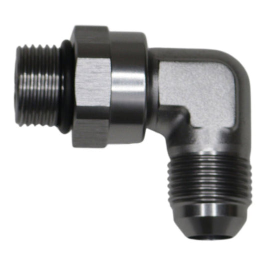 DeatschWerks - DeatschWerks 8AN ORB Male Swivel to 8AN Male Flare 90-Degree Fitting - Anodized DW Titanium - Demon Performance