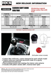 HKS - HKS 15-21 Subaru WRX STI 6MT Carbon Shift Knob - Demon Performance