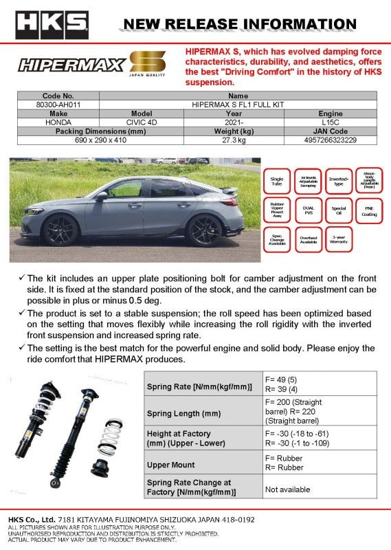 HKS - HKS 2021+ Honda Civic (FL1) Hipermax S Full Kit - Demon Performance