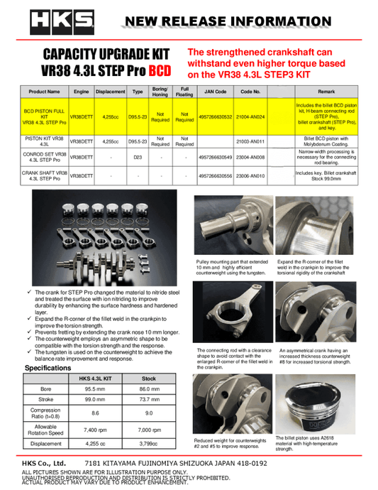 HKS - HKS BCD Piston Kit VR38 4.3L STEP Pro - Demon Performance