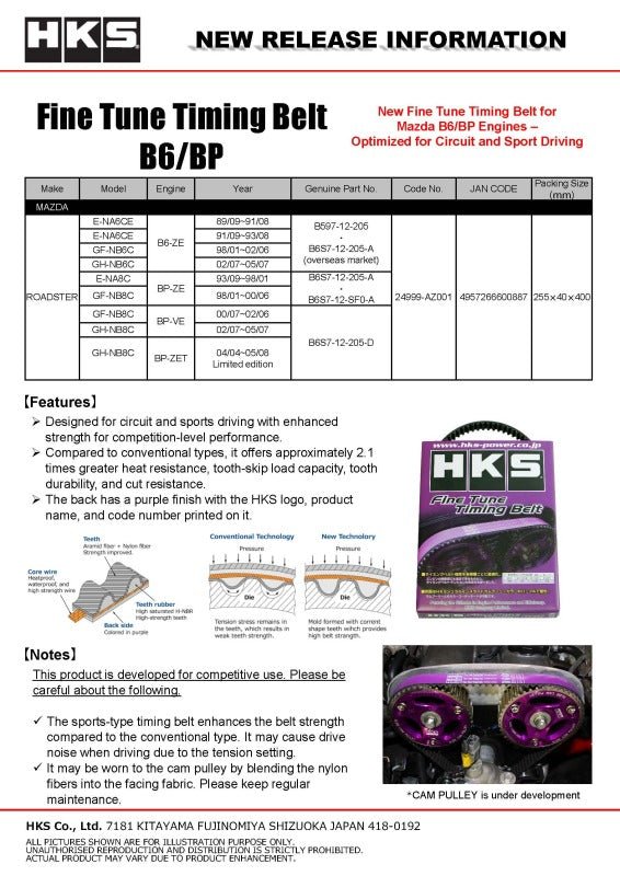 HKS - HKS Fine Tune Timing Belt for 90-2005 Mazda MX-5 (B6-ZE) - Demon Performance