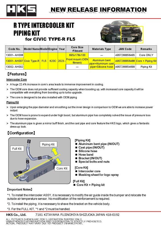 HKS - HKS Honda Civic Type R FULL INTERCOOLER KIT FL5 - Demon Performance