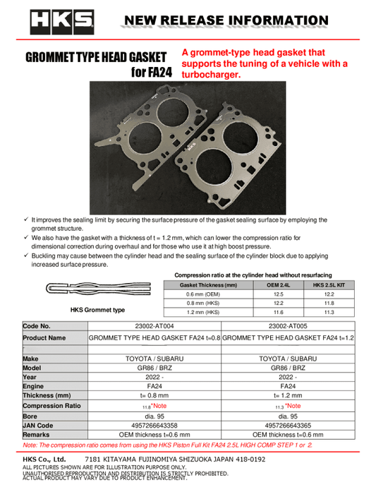 HKS - HKS Subaru FA24 0.8mm Thickness 11.8 CR Grommet Type Head Gasket - Demon Performance