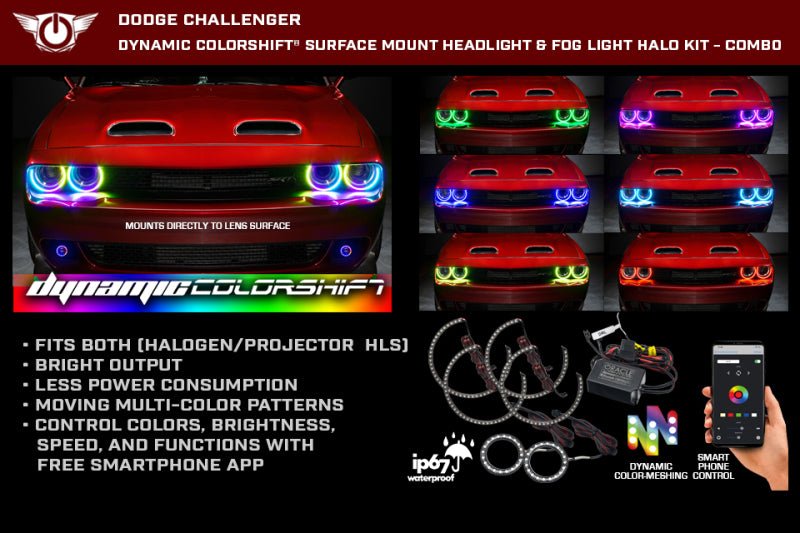 ORACLE Lighting - Oracle 15 - 23 Dodge Challenger Dynamic Surface Mount Headlight/Fog Light Halo Kit COMBO - ColorSHIFT - Demon Performance
