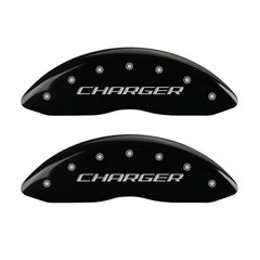 MGP 4 Caliper Covers Engraved Front Charger Engraved Rear RT Black finish silver ch