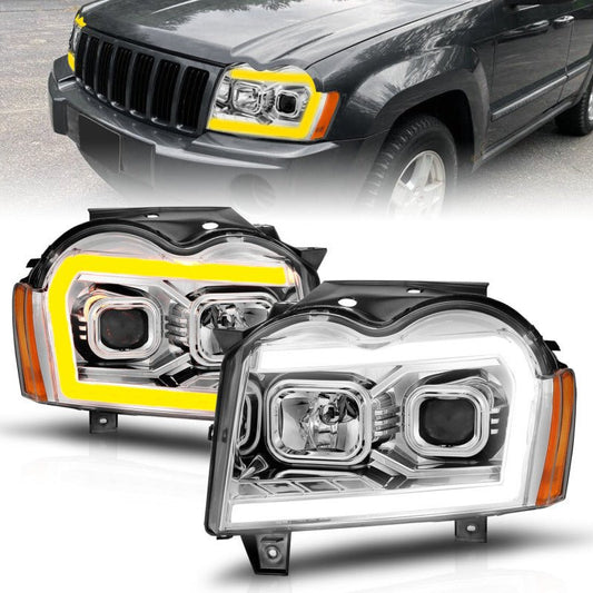 ANZO - ANZO 05-07 Jeep Grand Cherokee Projector Headlights - w/ Light Bar Switchback Chrome Housing - Demon Performance