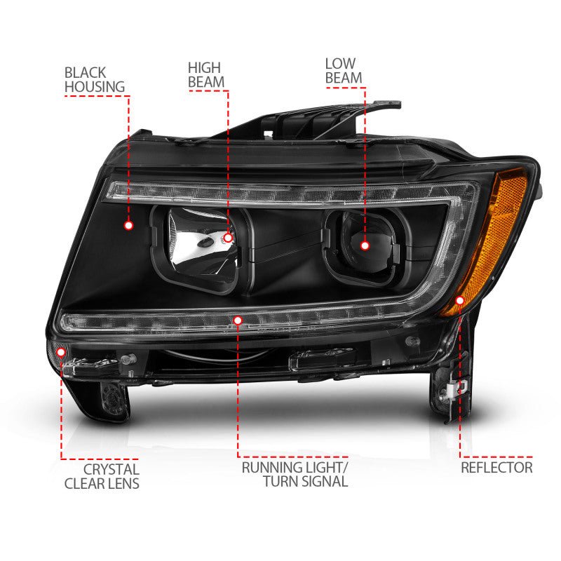 ANZO - ANZO 11-13 Jeep Grand Cherokee (Factory Halogen Only) Projector Headlights w/Light Bar Swtchbk Black - Demon Performance
